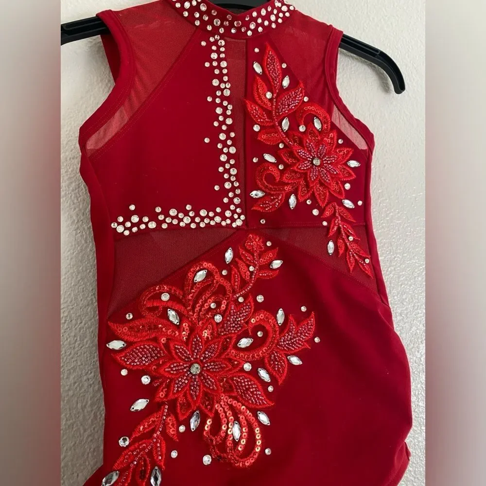 Five 5 Dance competition contemporary custom solo red illusion costume PA XSA ad